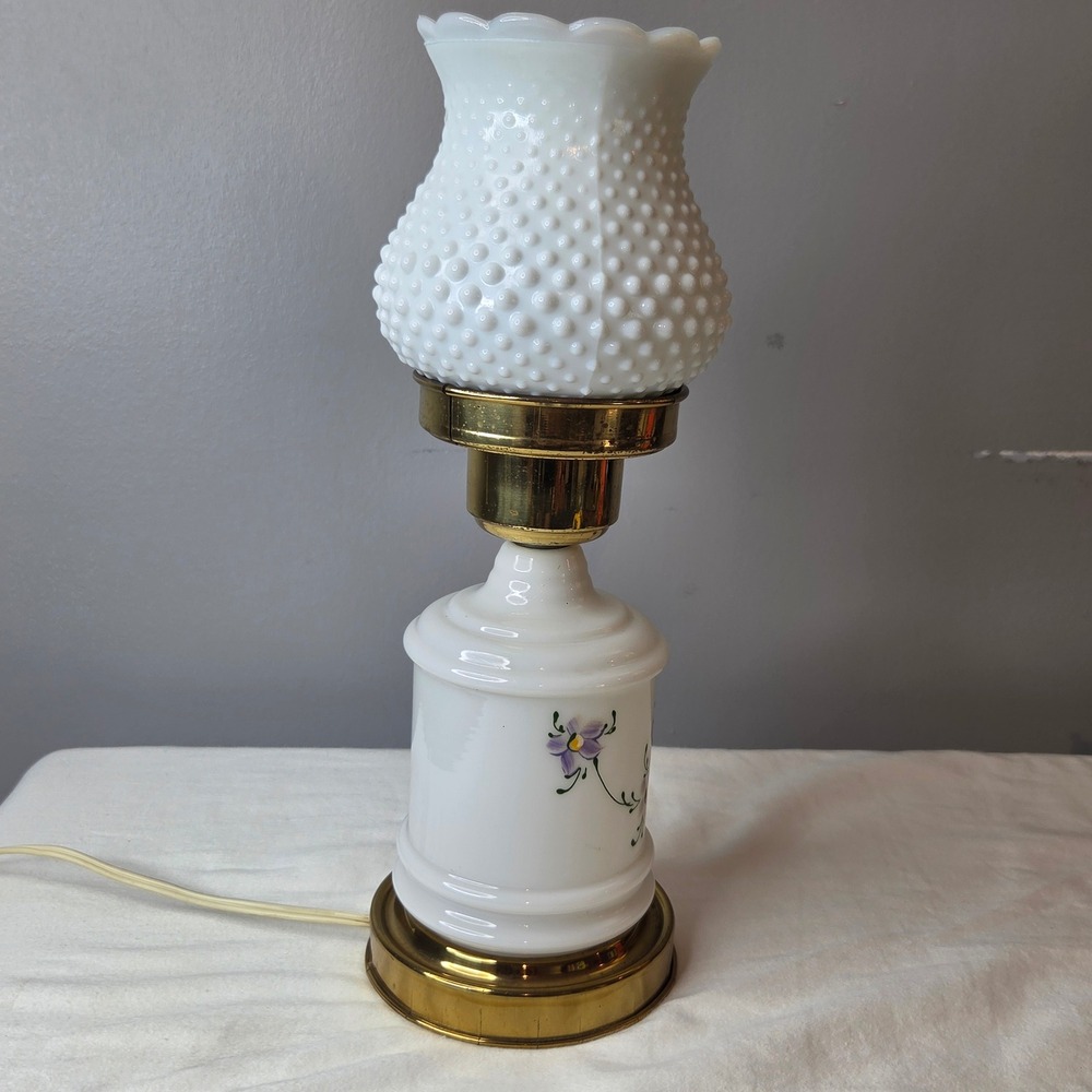 Vtg Milk Glass Hobnail Tulip Hurricane Lamp Hand Painted Floral Brass Base 12in - Picture 7 of 11